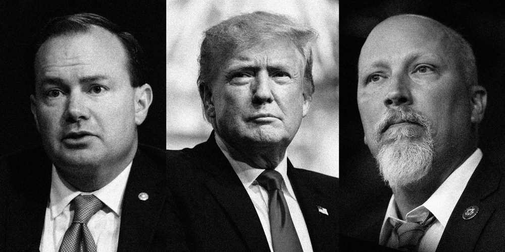 Triptych with images of Mike Lee, Donald Trump and Chip Roy.