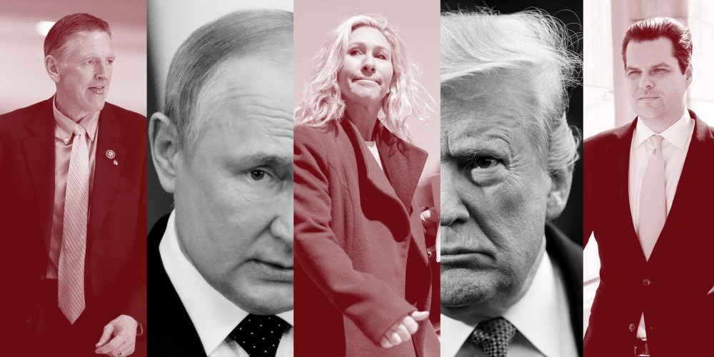 Photo Illustration: Rep. Paul Gosar, Vladimir Putin, Rep. Marjorie Taylor Greene, Donald Trump, Rep. Matt Gaetz