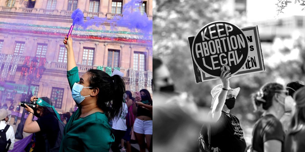 Photo diptych: An image of people celebrating on the left and the image on the right shows a person holding up a sign that reads,"Keep abortion legal" amidst a crowd of people.