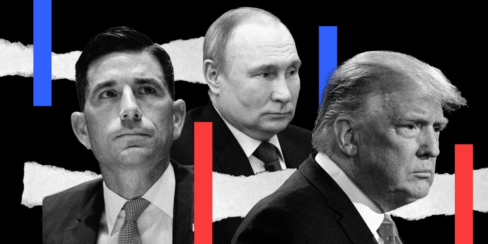 Photo illustration: Images of Vladimir Putin between Chad Wolf and Donald Trump over torn pieces of paper.