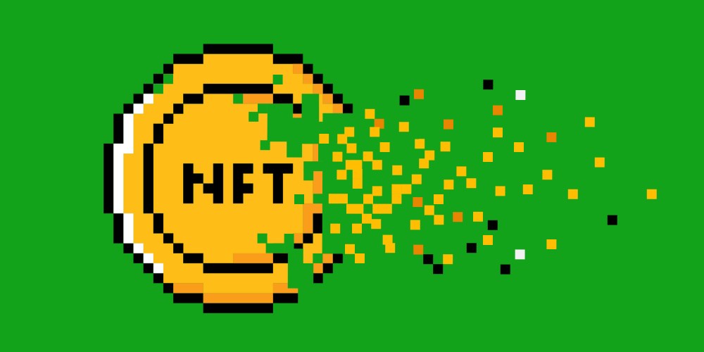 Illustration: A pixellated coin with the letters,"NFT" dispersing into smaller pixels.