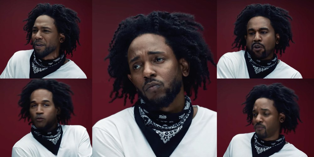 Photo collage with stills from Kendrick Lamar's video with him in the centre and him morphed as Jussie Smollett, O.J. Simpson, Ye, formerly Kanye West,  and Will Smith on either sides.