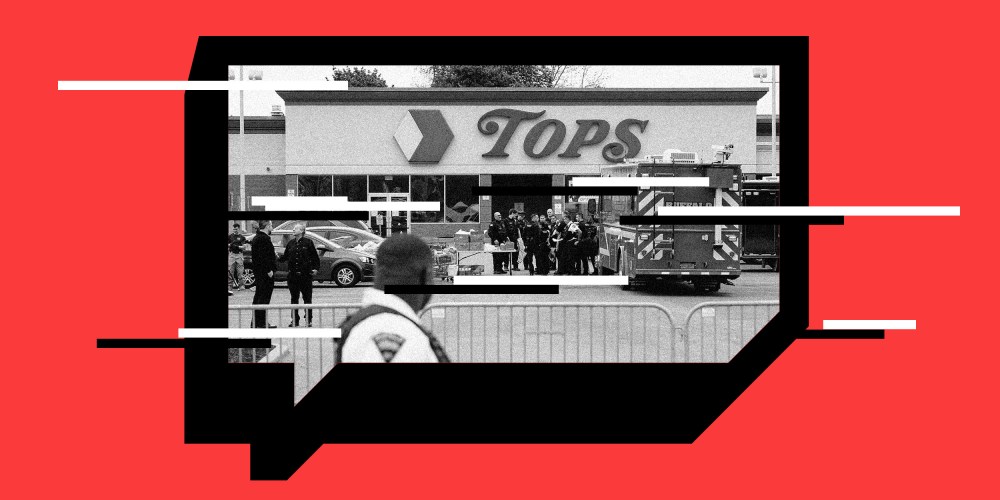 Photo illustration: Black and white glitches over an image inside an extruded speech bubble. The image is of the scene of a shooting at a supermarket in Buffalo, New York
