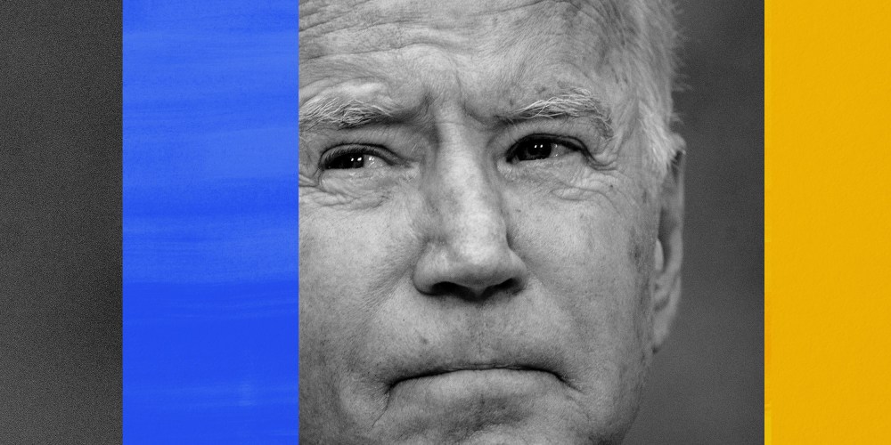 Photo illustration: Photo of Joe Biden between two blue and yellow colored strips.