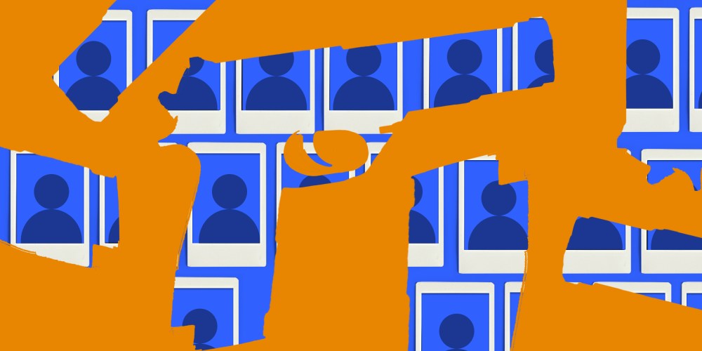 Illustration: Rows of frames with silhouettes of people inside multiple gun shaped forms.