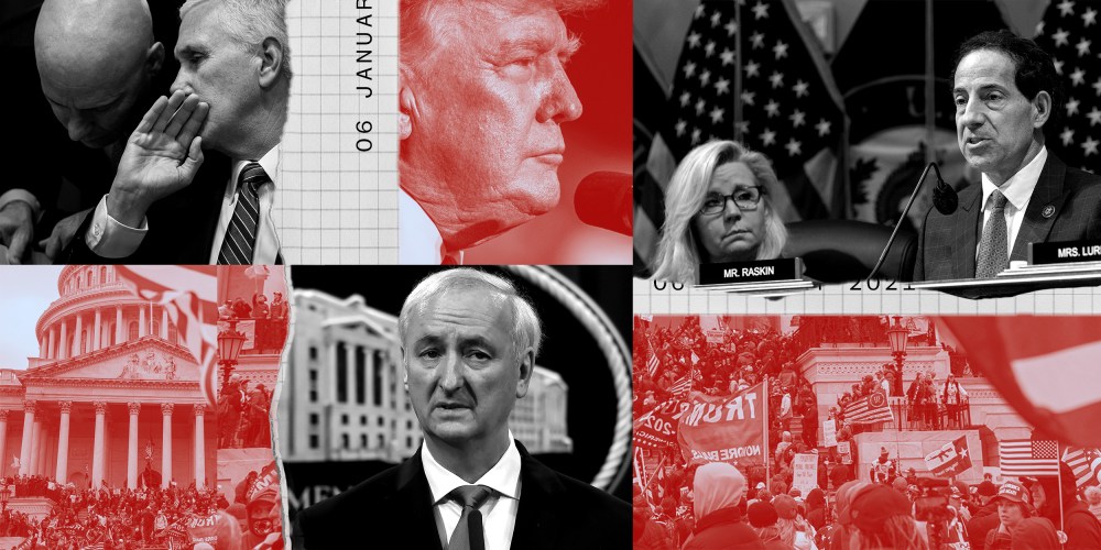 Photo collage: Images of Mike Pence whispering in Mark Short's ears, Donald Trump, Liz Cheney and Jamie Raskin, the protestors outside the Capitol on January 6, 2021 and Jeffrey A. Rosen speaking.