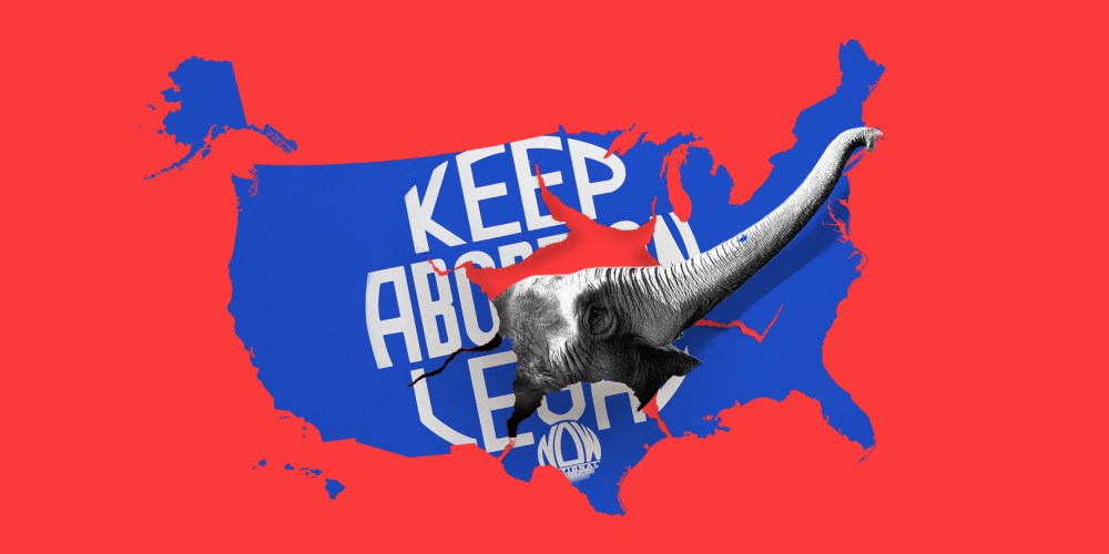 Photo illustration: An elephant's head ripping out of a blue map of the U.S.A which has text that reads,"Keep abortion legal".