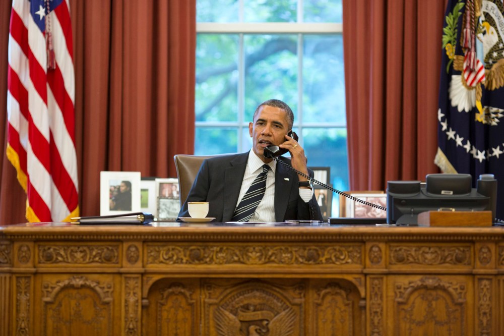 U.S. President Barack Obama during a phone call in the Oval Office at the White House in Washington, September 27, 2013.