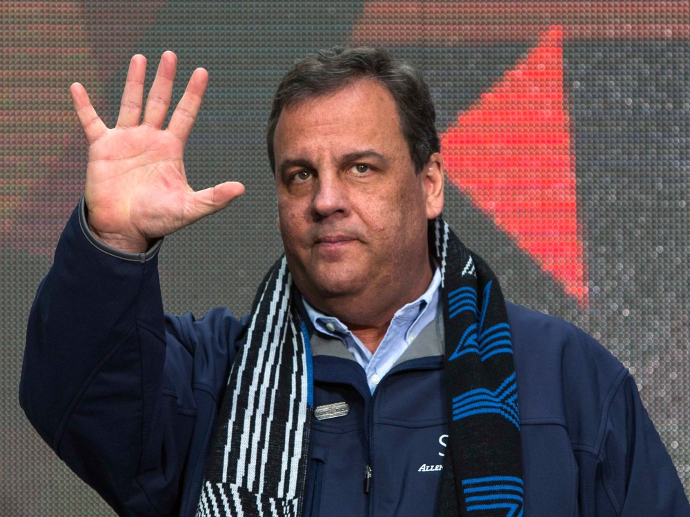 New Jersey Governor Chris Christie arrives on stage during the Super Bowl Hand-Off Ceremony in New York in this file photo taken February 1, 2014.