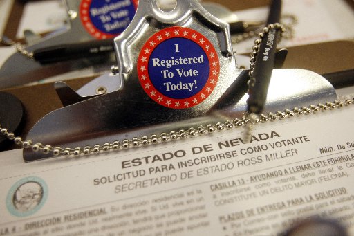 File photo: A Nevada registration form is pictured at the Lloyd D. George federal courthouse in Las Vegas. (AP Photo/Isaac Brekken)