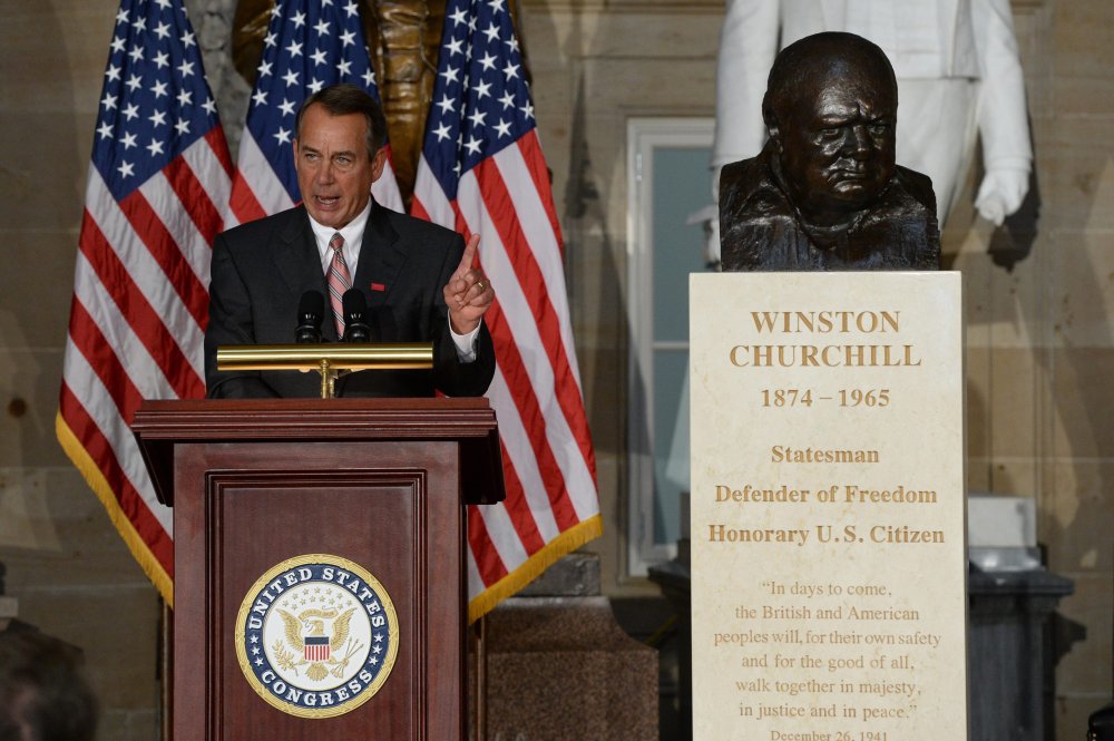 House Speaker John Boehner delivers remarks in Statuary Hall on Capitol Hill in Washington DC, October 30, 2013.