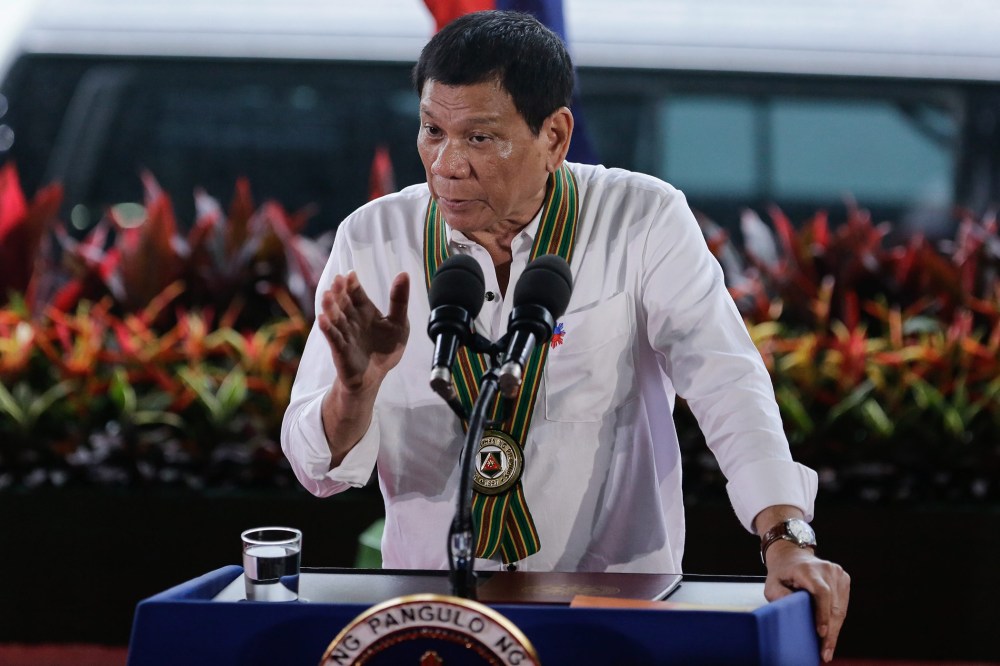 Filipino President Rodrigo Duterte speaks during a visit at the Philippine Army headquarters in Taguig City, south of Manila, Philippines, on Oct. 4, 2016. (Photo by Mark R. Cristino/EPA)
