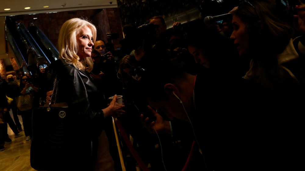 Senior adviser to President-elect Donald Trump, Kellyanne Conway, speaks to journalists in the lobby of the Trump Tower, in New York, N.Y., on Nov. 21, 2016. (Photo by Aude Guerrucci/Pool/EPA)