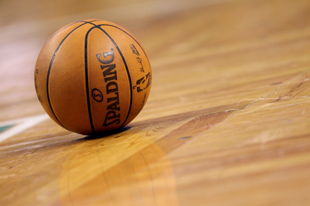 A detail shot of a basketball.