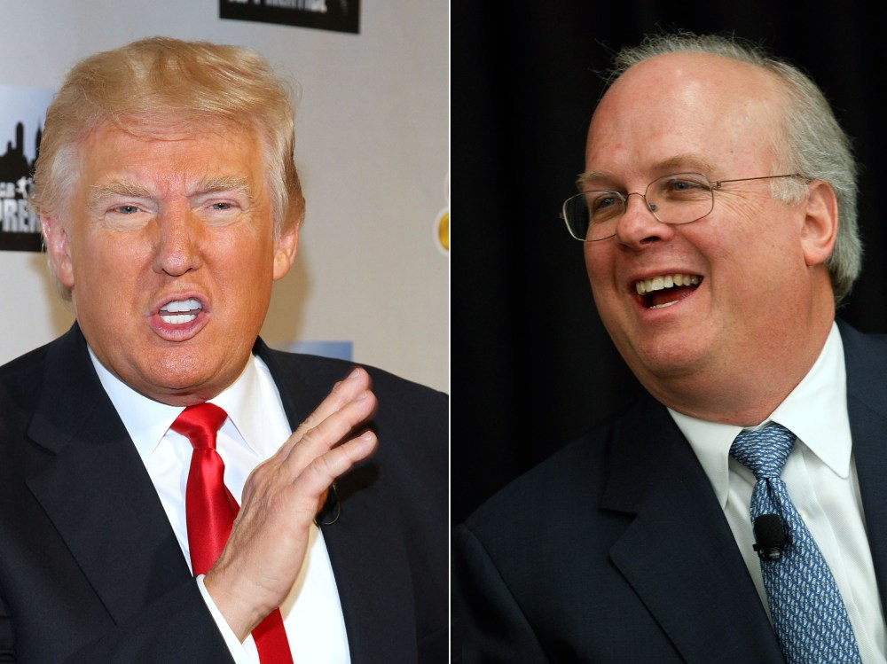 This digital composite shows file photos: (L) Karl Rove, former Deputy Chief of Staff and Senior Policy Advisor to U.S. President George W. Bush, prepares to lead a panel discussion at The 4% Project Conference on April 12, 2011 at Southern Methodist...