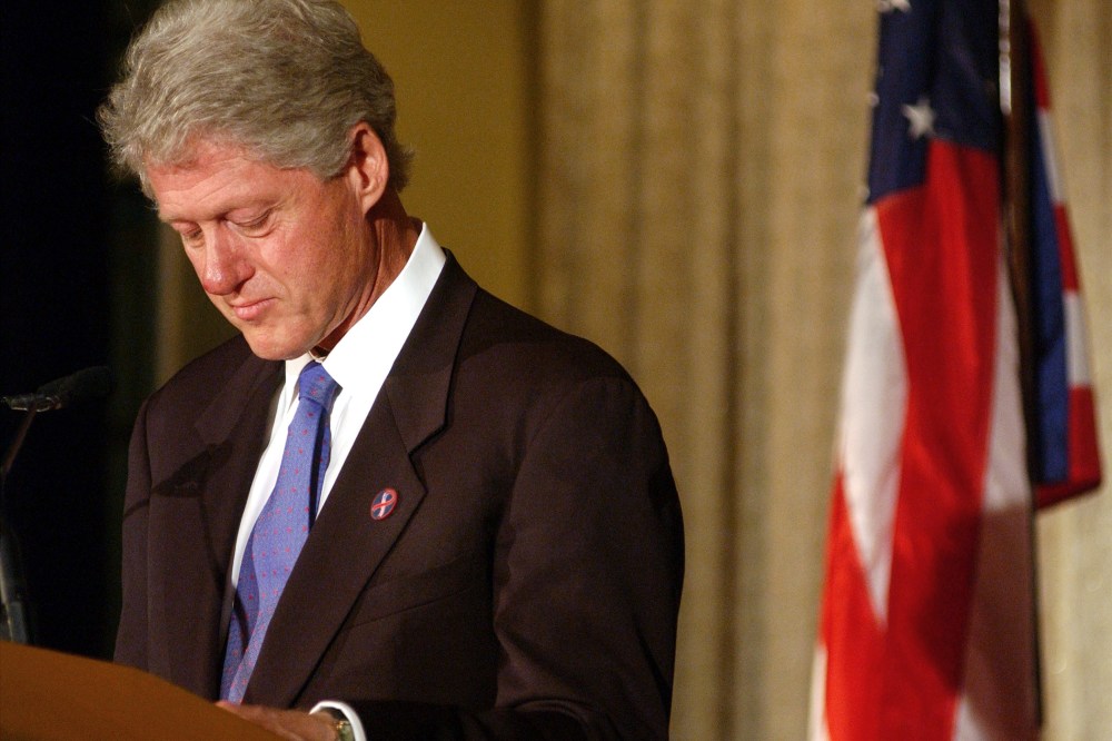 Former U.S. President Bill Clinton pauses while speaking about terrorist attacks on the World Trade Center and the Pentagon September 20, 2001 at a Foreign Policy Association award ceremony in New York, N.Y.