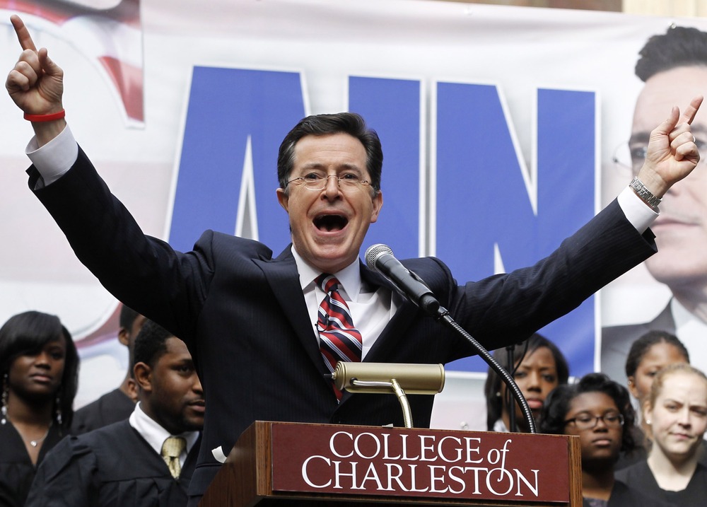 Stephen Colbert rallies the crowd.