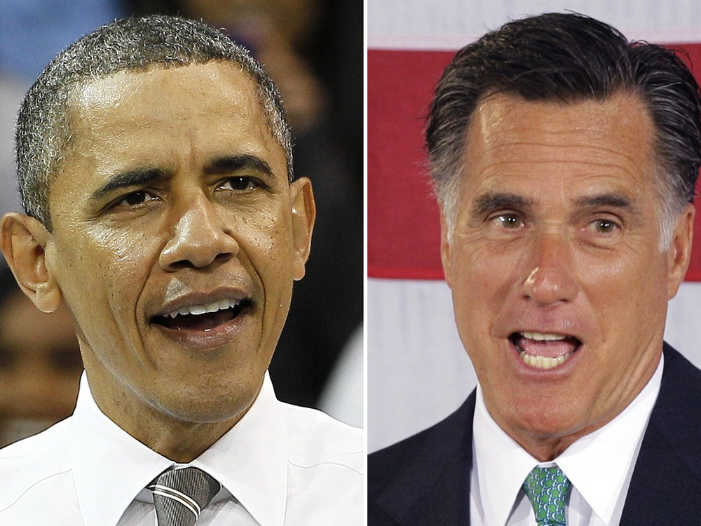 This photo combo shows President Barack Obama in Chapel Hill, N.C. on April 24, 2012, and Republican presidential candidate, former Massachusetts Gov. Mitt Romney on April 18, 2012 in Charlotte, N.C.