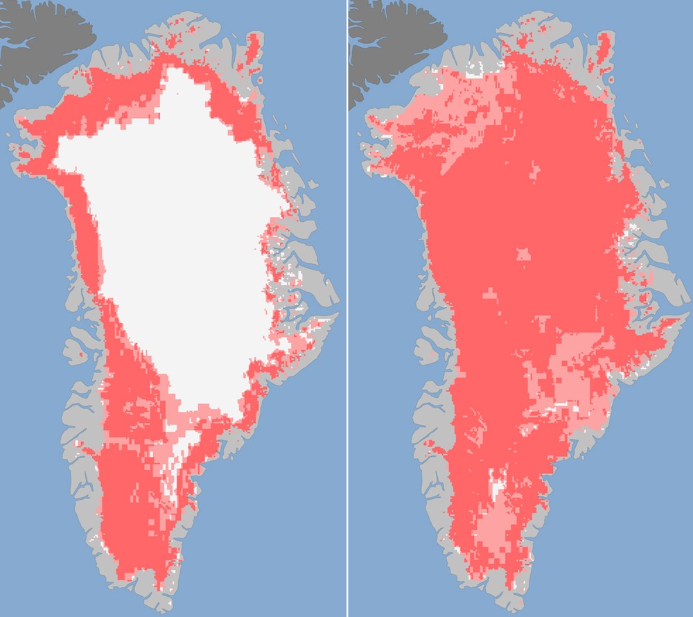 NASA satellite images showed the extent of surface melt on Greenland's ice sheet on July 8 (L) and July 12 (R). Measurements showed that on July 8 about 40% of the ice sheet had undergone thawing at or near the surface. By July 12, an estimated 97% of...