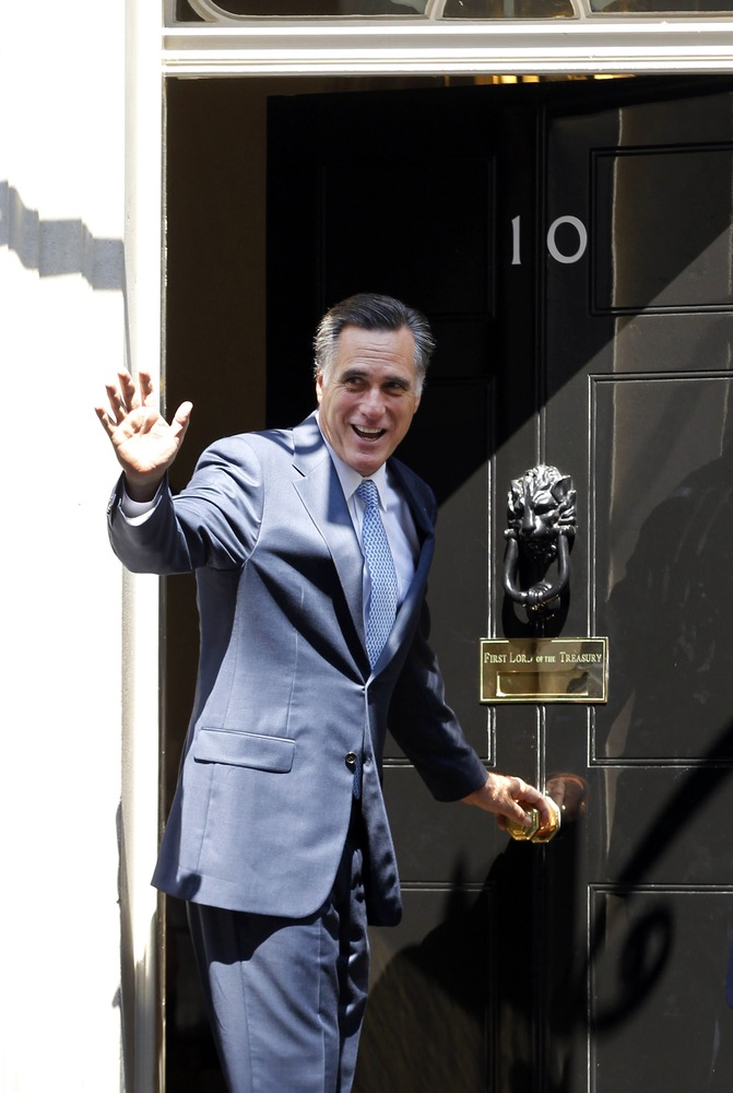 Republican presidential candidate Mitt Romney arrives at 10 Downing Street to meet with British Prime Minister David Cameron in London, July 26.