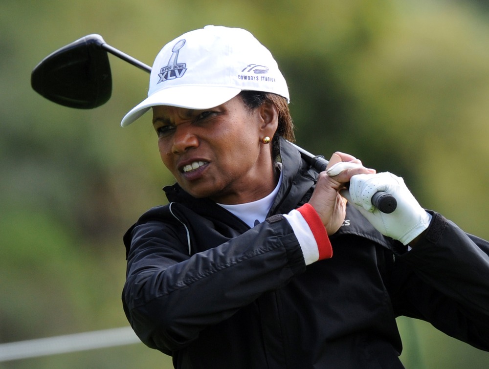 Former U.S. Sec. of State Condoleezza Rice, tees off during the Pro-Am event at the Riviera Country Club in Los Angeles on February 16, 2011.