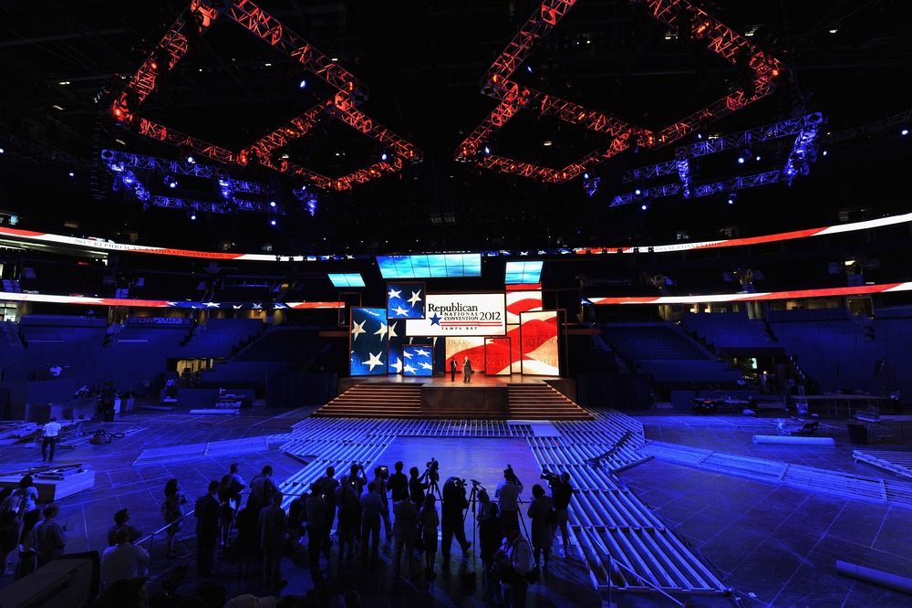 News media report on the unveiling of  the stage inside of the Tampa Bay Times Forum in preparation for the Republican National Convention.