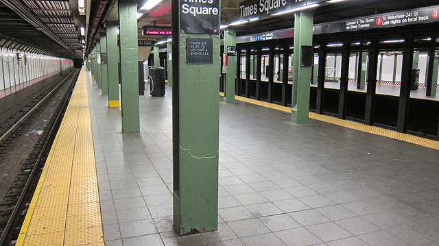 The New York City Subway system suspended service starting at 7 p.m. on October 28, 2012, in advance of Hurricane Sandy. This photo shows Times Square, normally the busiest station in the system (Photo: Metropolitan Transportation Authority/Aaron Donovan)