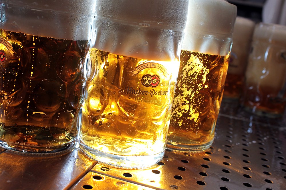 Beer mugs filled with freshly draught beer on day 2 of the Oktoberfest 2011 beer festival, Sept. 18, 2011 in Munich, Germany.