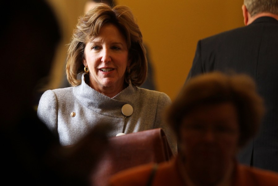 U.S. Sen. Kay Hagan (D-NC) comes out from the weekly policy luncheon October 4, 2011.