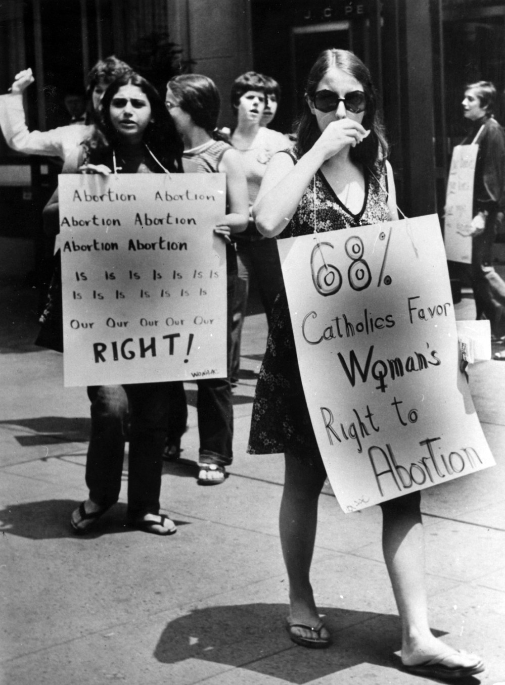 5th July 1973:  Pro-choice campaigners at a demonstration in favour of abortion in front of the American Hotel in mid-town New York, where the American Medical Association is holding its annual convention. The US Supreme Court has ruled that it is a...