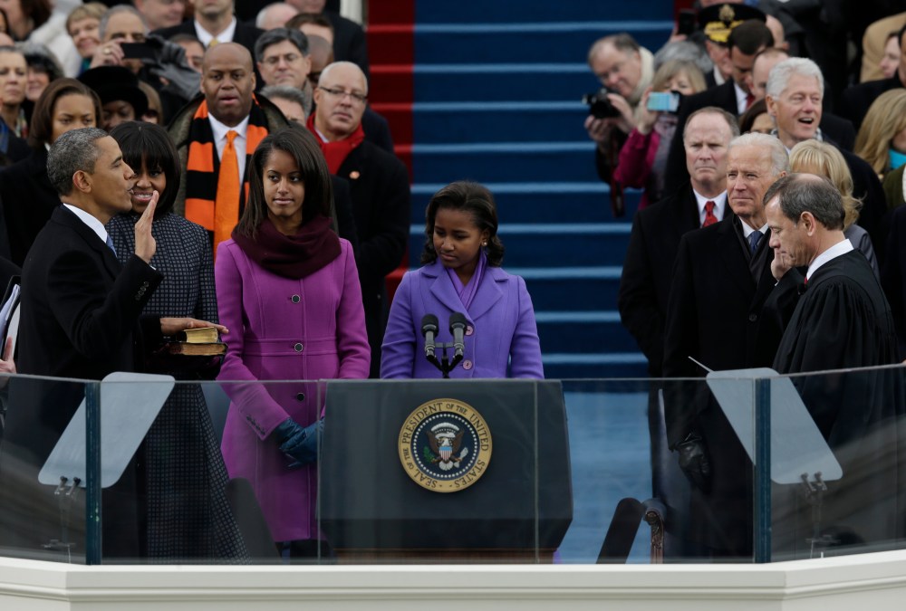 President Barack Obama is sworn by Chief Justice John Roberts at the ceremonial swearing-in at the U.S. Capitol during the 57th Presidential Inauguration in Washington, Monday, Jan. 21, 2013. (AP Photo/Pablo Martinez Monsivais)
