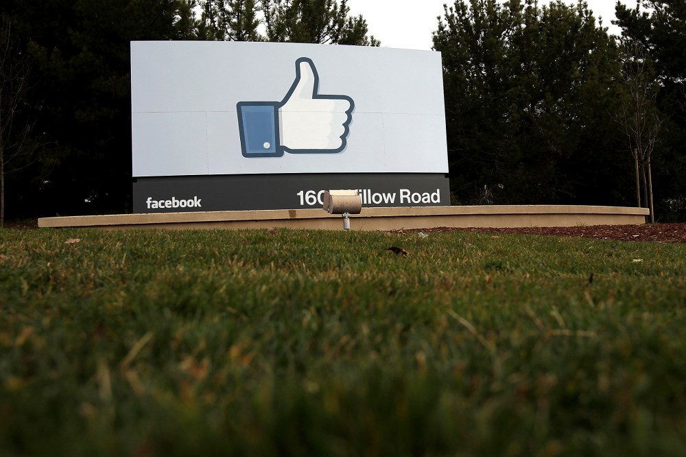 A sign stands in front of the Facebook headquarters, Feb. 1, 2012 in Menlo Park, Calif.
