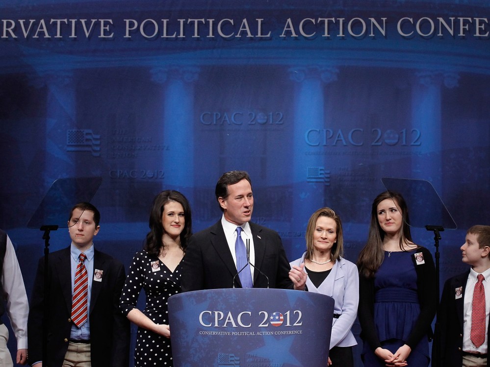 File Photo: Republican presidential candidate and former U.S. Senator Rick Santorum (4L) is joined on stage by his family as he delivers remarks to the Conservative Political Action Conference (CPAC) at the Marriott Wardman Park February 10, 2012 in...