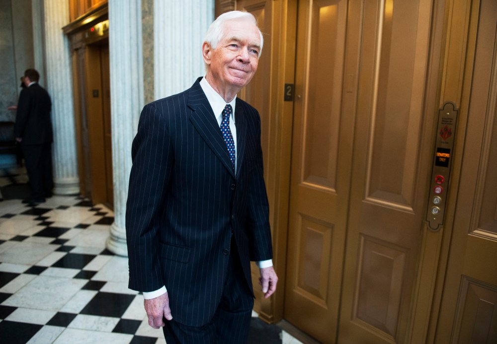 Sen. Thad Cochran arrives for the Senate Republicans' policy lunch in the Capitol on Tuesday, July 10, 2012.