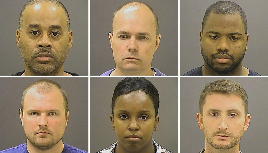 TOP: Officer Caesar Goodson Jr. Goodson, Lt. Brian Rice, Officer William Porter BOTTOM: Officer Garrett Miller, Sgt. Alicia White, Officer Edward Nero (Photo by Baltimore Police)