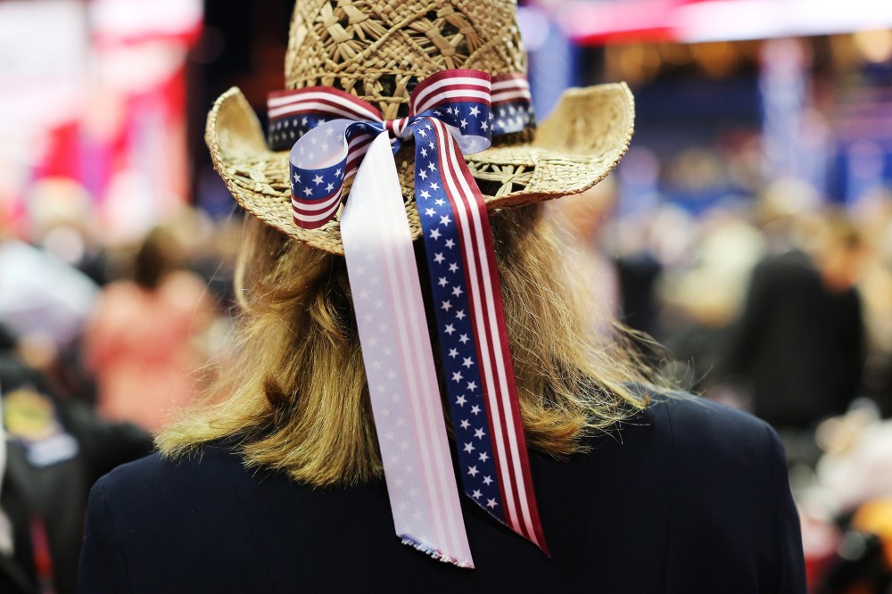 A woman wears a cowboy hat with a patriotic bow during the final day of the Republican National Convention Aug. 30, 2012 in Tampa, Fla.