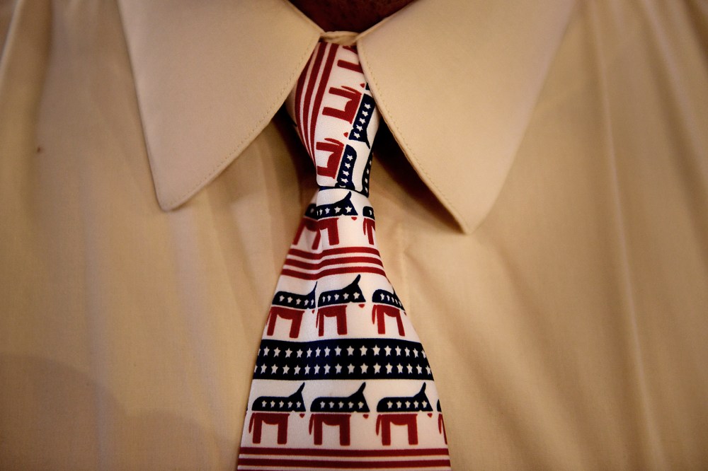A delegate wears a tie branded with a donkey, the symbol of the Democratic party, during day two of the Democratic National Convention (DNC) in Charlotte, N.C., on, Sept. 5, 2012. (Photo by Daniel Acker/Bloomberg/Getty)