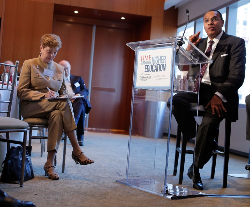 NEW YORK, NY - OCTOBER 18: President of the University of Maryland, Baltimore County Freeman A. Hrabowski the 3rd speaks during the "From Acceptance Letter to Diploma:Ensuring Access and Success" panel during the TIME Summit On Higher Education on...