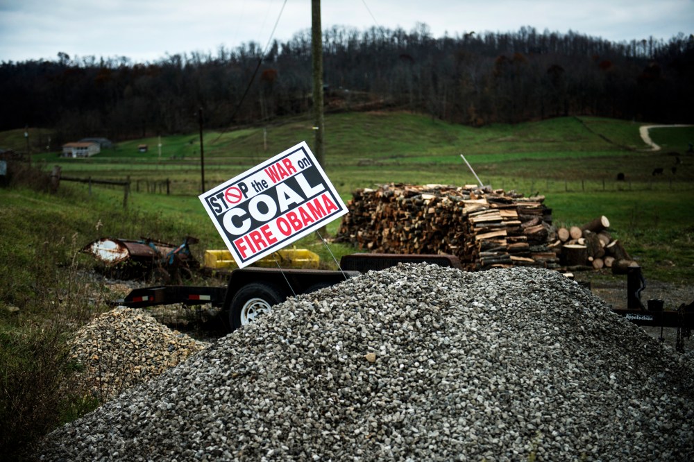 A sign against US President Barack Obama's alleged position against the coal mining industry is seen in Quaker City, Ohio.
