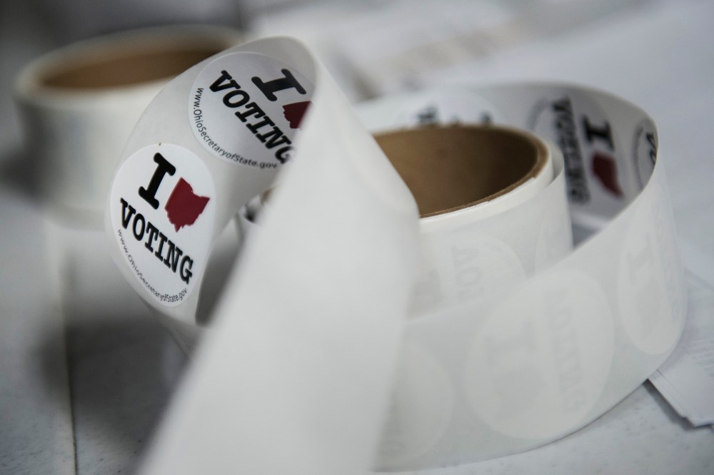 Stickers for voters are seen at Tremont Elementary School during election day in Cleveland, Ohio, Nov. 6, 2012.