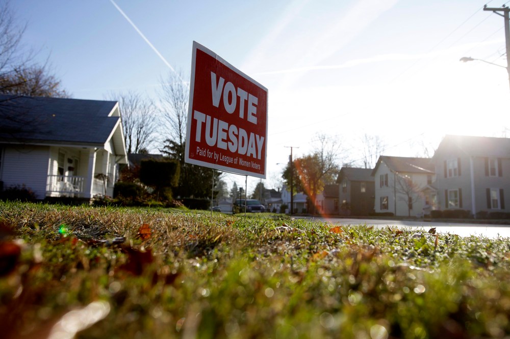 A sign reminding local residents to vote is seen November 6, 2012 in Portage, Ohio.