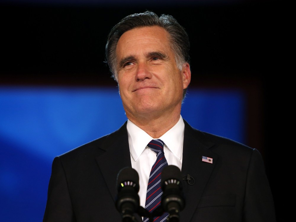 File Photo: Republican presidential candidate, Mitt Romney, speaks at the podium as he concedes the presidency during Mitt Romney's campaign election night event at the Boston Convention & Exhibition Center on November 7, 2012 in Boston,...