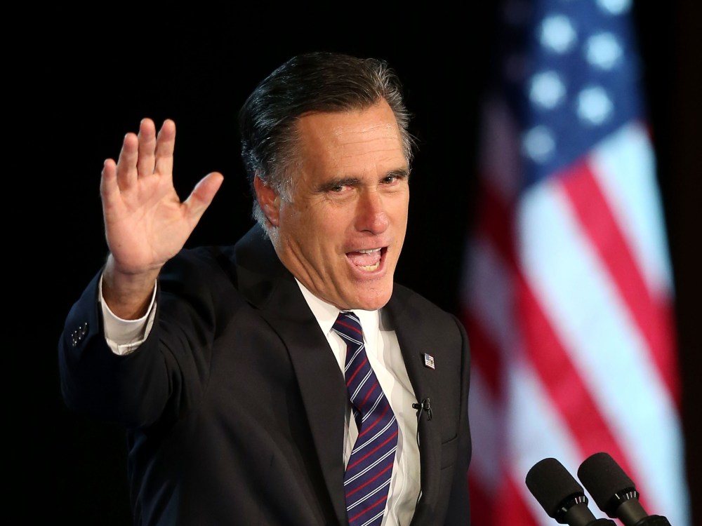 Mitt Romney giving a concession speech at the Exhibition Center in Boston, Massachusetts. (Alex Wong/Getty Images)