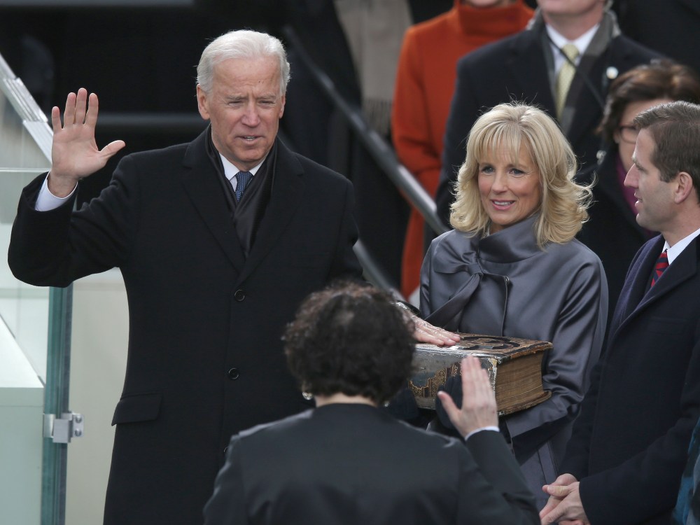 U.S. Vice President Joe Biden is sworn in by Supreme Court Justice Sonia Sotomayor as wife Dr. Jill Biden and Supreme Court Justice Sonia Sotomayor Beau Biden look on during the presidential inauguration on the West Front of the U.S. Capitol January 21...