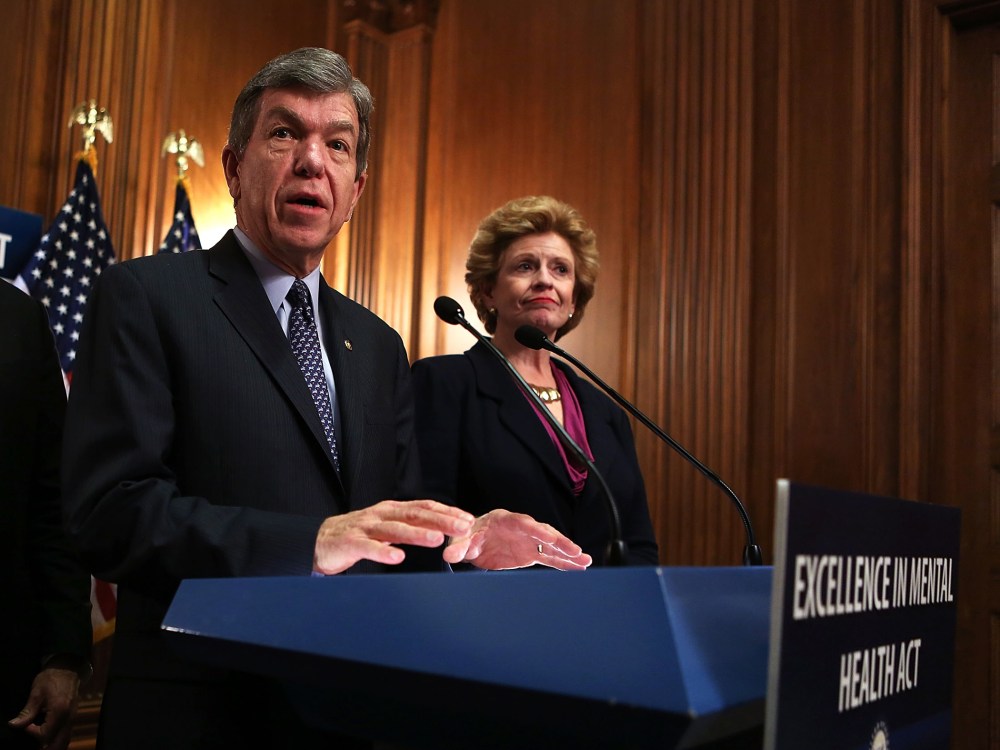 U.S. Senators Roy Blunt and Debbie Stabenow speak during a news conference about the Excellence in Mental Health Act, February 7, 2013 in Washington, DC.