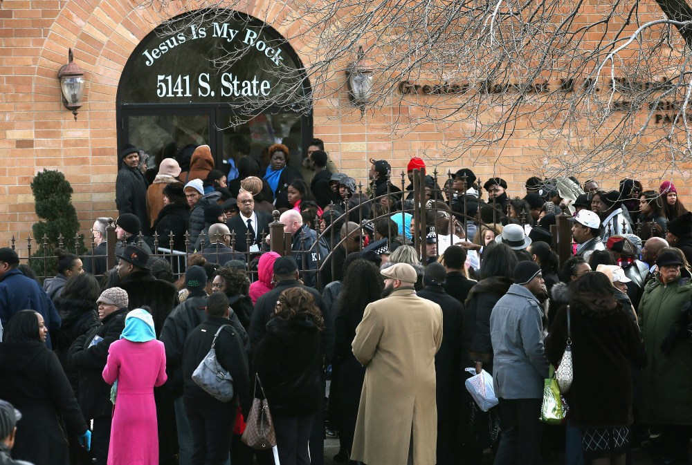 CHICAGO, IL - FEBRUARY 09:  An overflow crowd stands outside the Greater Harvest M.B. Church during the funeral of 15-year-old Hadiya Pendleton on February 9, 2013 in Chicago, Illinois. Hadiya was killed on January 29, when a gunman opened fire on her...