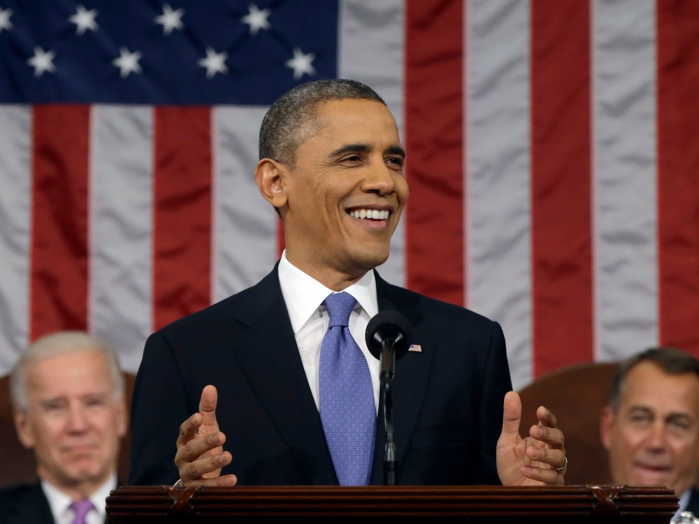 U.S. President Barack Obama, flanked by Vice President Joe Biden and House Speaker John Boehner (R-OH), delivers his State of the Union speech before a joint session of Congress at the U.S. Capitol February 12, 2013 in Washington, DC. Facing a divided...