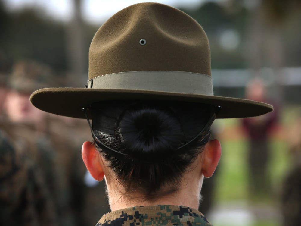 A drill instructor speaks to her female Marine recruits during boot camp, Feb. 27, 2013.