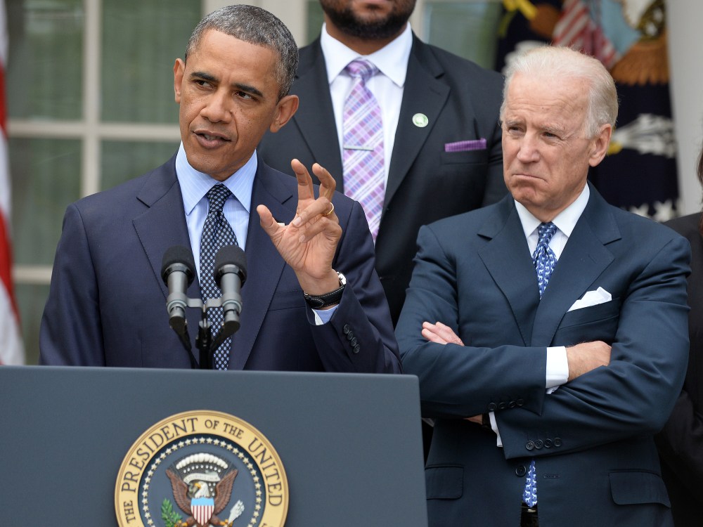 US President Barack Obama (L) is accompanied by vice president Joe Biden (C) and family members of Newtown school shooting victims during a press conference at the Rose Garden of the White House in Washington, DC, on April 17, 2013. Obama slammed what...