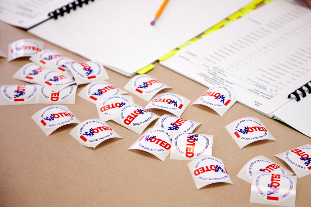 Voting stickers on a table in Malden, MA, April 30, 2013.